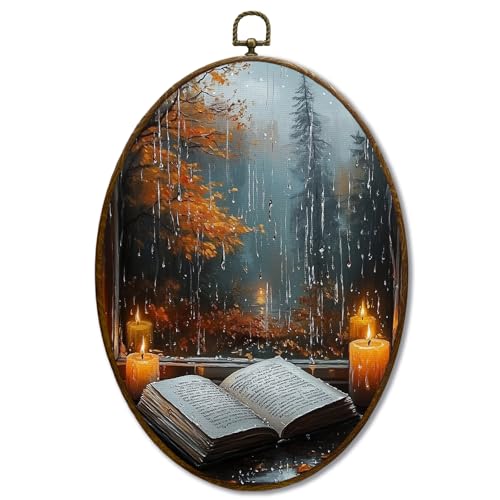 JQF Dark Academia Fall Rainy Oval Wall Art, Cottagecore Rainy Fall Candle Oval Canvas Wall Art, Dark...