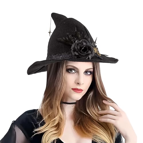 Steampunk Halloween Witch Hat for Women Wool Knitted Gothic Pointed Cap for Halloween Party Cosplay Costume Accessory (Black 1)