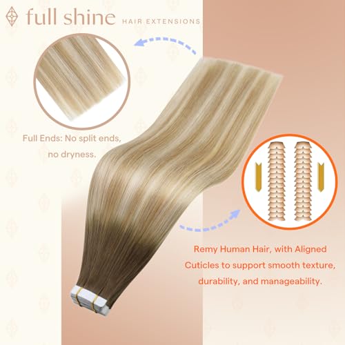 Image of Full Shine Hair Extensions Tape in, Brown Root Blonde Ombre 22 Inch | 50g 20PCS, Invisible Human Hair Tape in Extensions, Straight Remy Finish Thick Ends Smooth Texture for Party Styling