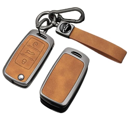 Happyit Leather+Zinc Alloy Car Key Cover Cases for 2002-2010 Volkswagen VW Phaeton Touareg Protector Auto Accessories (Brown 2)