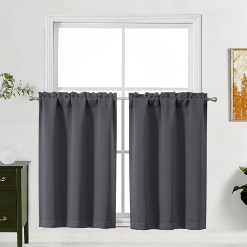 Lecloud Grey Kitchen Curtains 36 Inch Length 2 Pcs, Modern Farmhouse Decor Privacy Room Darkening Curtain, Short Window Drapes Rod Pockets for Bedroom Cafe Basement, Each Panel 30" W x 36" L