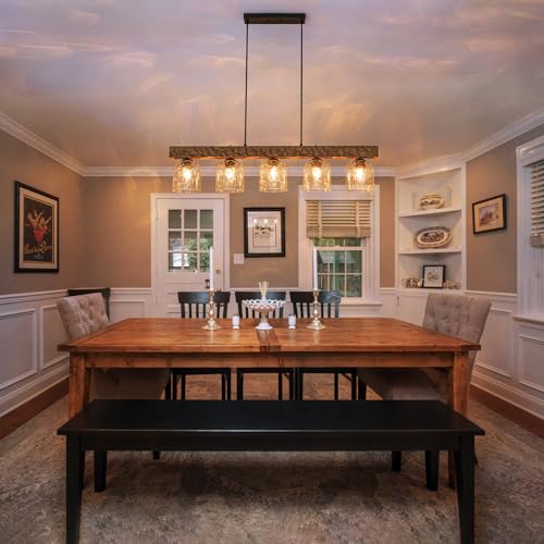 Image of 43.3 inch Farmhouse Linear Chandelier 5 Light Wood Linear Pendant Light with Hammered Glass Shades Rustic Dining Room Light Fixture Over Table Kitchen Island