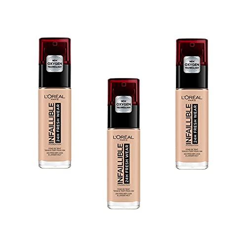 L'Oréal Paris Infalible 24H Fresh Wear Fondotinta Liquido Coprente Lunga Tenuta - 110 Vanille Rosé, Juego de 3 (3 x 30 ml)