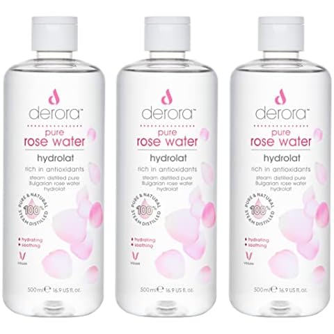 Derora Pure Rose Water - 500ml x3 | 100% Pure & Natural Hydrolat | Skincare for Soothing & Hydrating the Skin, Face & Hair | Vegan & Cruelty Free Cover