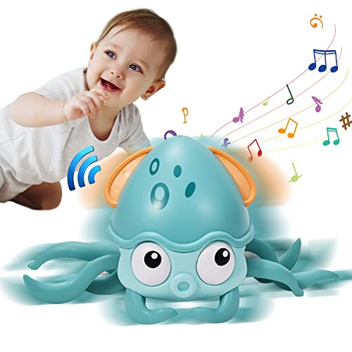 HokZadal Auto-Sensing Baby Crawling Octopus Toys with LED Light and Music,Toddler Interactive Learning with Sensor Obstacle Avoidance Function for Walk Playing Learning (Green)