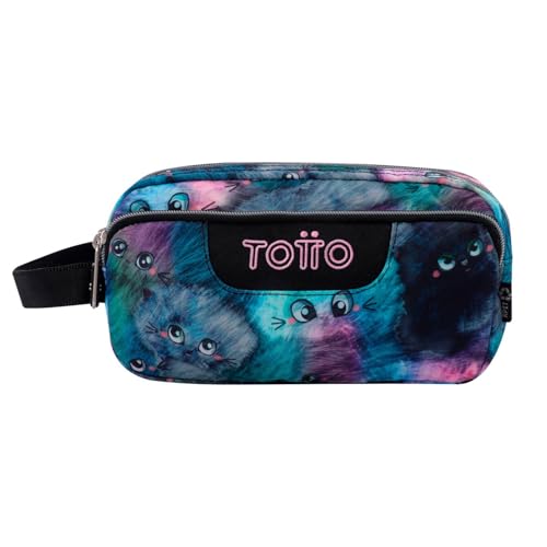 TOTTO - Estuche Escolar 3 Compartimentos, Modelo Agapec, Estuche Grande, Dimensiones 23 x 11.5 x 10.5 cm, Asa Lateral, Tiradores Ergonómicos con PVC, Tejido Resistente, Estampado Kitten Multicolor