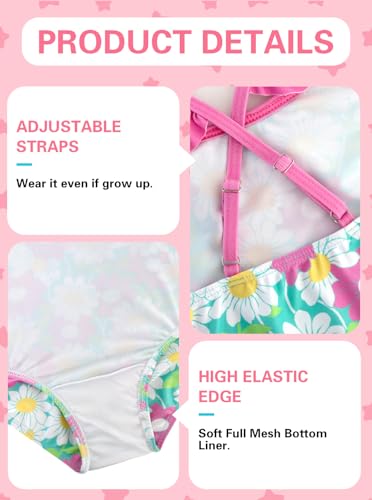 Image of XiaoMoSha Girls Swimsuits Ruffled Round Neck One Piece Bathing Suits Quick Dry UPF 50+ Summer Hawaii Swimwear for Kids 3-10T