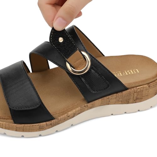 Image of UBFEN Womens Low Wedge Sandals Comfortable Walking Slides with Arch Support | Soft Cushioned Insoles 2 Adjustable Straps Slip On for Summer, Casual, Home, Quick Outings