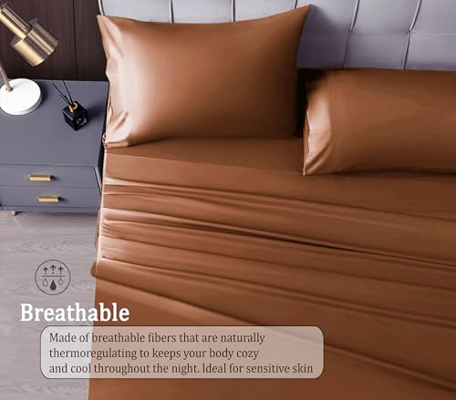 Image of RD TREND Microfiber Satin Weave Fitted Bedsheets for Queen Size Bed 78x60x10 Inch with 2 Pillow Covers-18x28 Inch | 400 TC All Around Elastic | Coffee