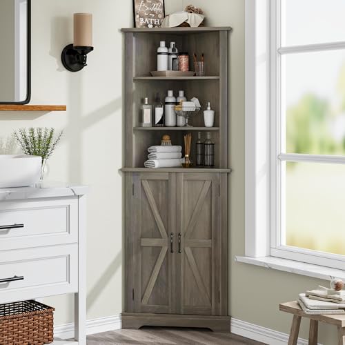 649-Tall-Bathroom-Corner-Cabinet-Farmhouse-Floor-Corner-Cabinet-with-Doors-and-Adjustable-Shelves-Freestanding-Wooden-Storage-Hutch-Cupboard-for-Bathroom-Kitchen-Living-Room-Grey 649 Tall Bathroom Corner Cabinet Farmhouse Floor Corner Cabinet with Doors and Adjustable Shelves Freestanding Wooden Storage Hutch Cupboard for Bathroom Kitchen Living Room Grey