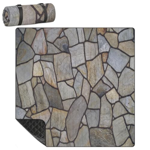 Shimoshe Extra Large Picnic Blankets 79”x 79”, Stone Texture Marble Print Waterproof Foldable Picnic Mat with Straps Portable Beach Blanket for Camping Park Grass Beach Indoor