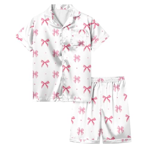 𝗚irls Bow Pajamas Sets 2 Piece Silk Satin Pink Puff Cute Preppy Clothes Button Down Short Sleeve 𝗞ids Sleepwear Pjs Sets2