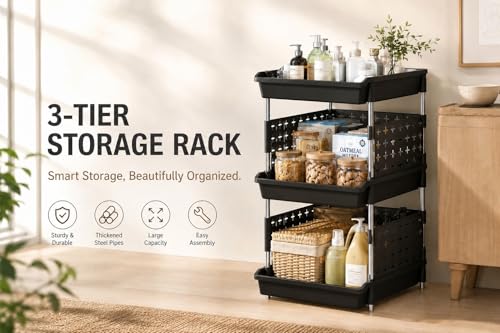 Image of KITCHIVO Multipurpose Storage Rack Organizer with Stainless Steel Pipes | Heavy Duty Plastic Shelf Stand for Kitchen, Bathroom, Laundry & Pantry (Black, 3 Layer)
