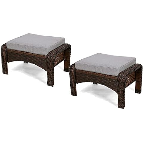 HAPLIFE 2 Pieces Patio Ottoman Wicker Ratten Outdoor Footstool, Brown Cover