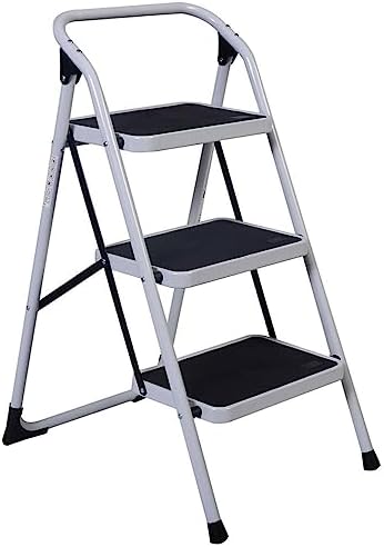 3 Step Ladder, Folding Step Stool with Wide Anti-Slip Pedals,330lbs Sturdy high-Class Iron Ladder, Portable Lightweight Ladder for Home and Kitchen,Black & White