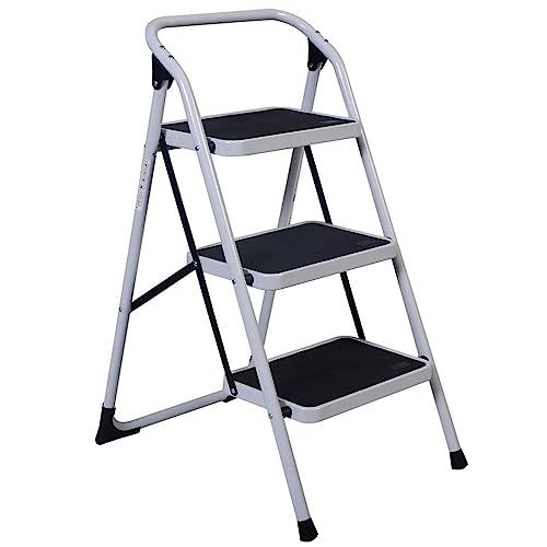 3 Step Ladder, Folding Step Stool With Wide Anti-Slip Pedals,330Lbs Sturdy High-Class Iron Ladder, Portable Lightweight Ladder For Home And Kitchen,Black & White #TOP2