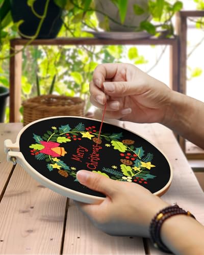 Image of TINDTOP Christmas Embroidery Kit for Adult, Embroidery DIY Starter Kit | 4 Pack with Stamped Patterns, Hoop, Tools, Colorful Threads with Needles, Instructions