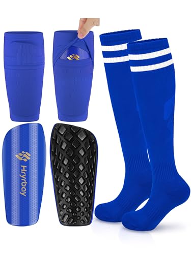 Hryrbay Kids Soccer Shin Guards Toddler Shin Pads with Sleeves and Socks for Age 3-16 Protective Lightweight Soccer Equipment Ideal for Playing Training Inspired by The World Cup Royal Blue L