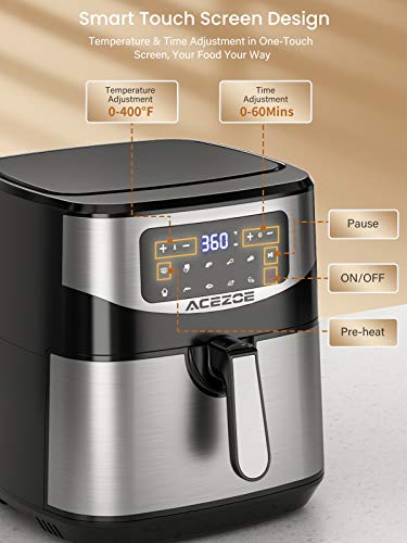 Acezoe 7.4 Quart Air Fryer, 9 Presets Electric Air Fryers Oven with Preheat, 1700-Watt Hot Air Fryers with LED Digital Touchscreen,Nonstick Basket, 23 Recipes, Stainless Steel Large Vortex Air Fryers