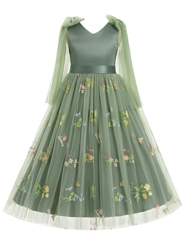 IDOPIP Embroidery Flower Girl Dress for Kids Wedding Pageant Party Communion Dresses Princess Bridesmaid V-Backless Maxi Gown