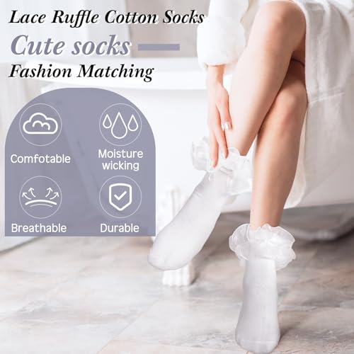 Image of Geyoga 3 Pairs Women Big Ruffle Socks Turn Cuff, Double Lace Ankle Cotton Frilly Socks for Ladies Summer