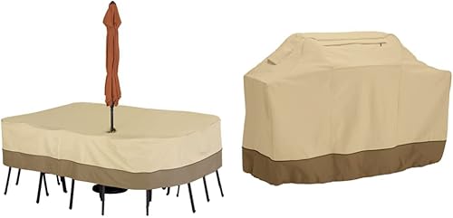 Classic Accessories Veranda - Funda para mesa de patio con agujero para paraguas, grande, rectangular, ovalada, cubierta de mesa para exteriores y