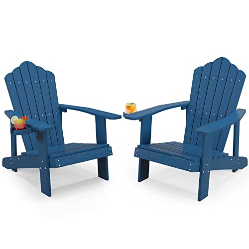 Image of Tangkula Oversized Adirondack Chair, Patio Lounge Chairs w /Adjustable Cup Holder, HIPS Armchairs Slatted Chair, Outdoor Weather Resistant Fire Pit Chair for Deck Backyard Garden Porch (2, Navy)