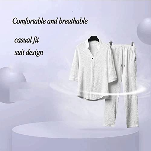 LULAND 2-teiliges Leinen-Set für Herren, Sommer-Strand-Urlaubsanzüge, lässiges Button-Down-Kurzarm-Hemd, Lange, lockere Hosen-Sets (White,5X-Large)