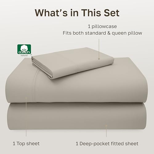 Image of California Design Den Natural 100% Cotton Sheets Twin Size Bed Set - Luxury 600 Thread Count Sateen, Hotel Quality Fully Elasticized Deep Pocket Twin Cotton Sheets, Cool and Durable - Soft Linen