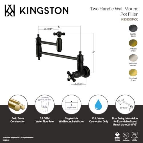 Robinet de remplissage de pot Kingston Brass KS3100PKX bras articulé double