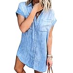 Women’s Denim  Short Sleeve Distressed Jean Shirt  Dress Button Down Casual Tunic Top www.denim.fit