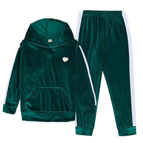 JiAmy Girls Tracksuit Velvet 2 Pieces Outfits Kids Long Sleeve Sweatshirt and Sweatpants Activewear Casual Set Sweatsuit, Green, 7-8 Years