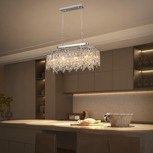 Image of 32 inch 10 Light Oval Chrome Crystal Chandeliers for Dining Room