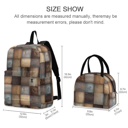 Plaid Wood Print Backpack Set with Lunch Bag, Large Capacity Travel Backpacks and Lunch Box Insulated for Commute Hiking Picnic2