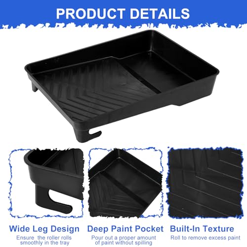 Geelin 8 Pcs Paint Tray 9 Inch Reusable Plastic Roller Pan for 9 Inch Roller Brushes Paint Pan with Sturdy Legs Textured for Wall, Black