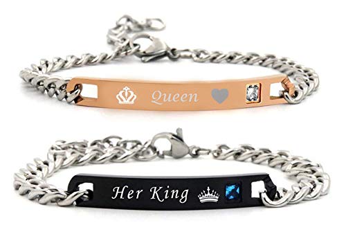 YouBella Valentine Jewellery His or Hers Matching Set His Queen Her King Titanium Stainless Steel Couple Bracelet Rings for Girls & Boys.