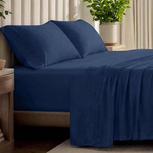 Bare Home 100% Organic Cotton Jersey Sheet Set, Ultra Soft, 100% Cotton - Sheet Set & Pillowcases - Deep Pocket Bed Sheets (Queen, Dark Blue)