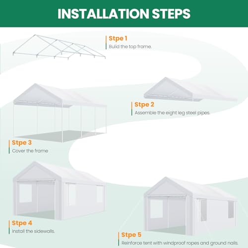 COBIZI 10x20 FT Heavy Duty Carport with Galvanized Frame, Carport Canopy with Roll-up Windows, Storage Tent with Removable Sidewalls & Doors, Built-in Sandbags for Car, Boat, Truck, White by COBIZI - Image 9
