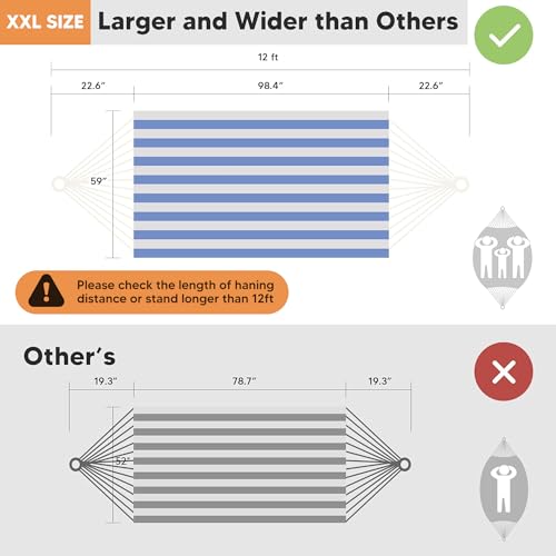 SUNCREAT Large Hammocks for Outside, Long Replacement Hammock Two Person for Stand, Blue White Stripes