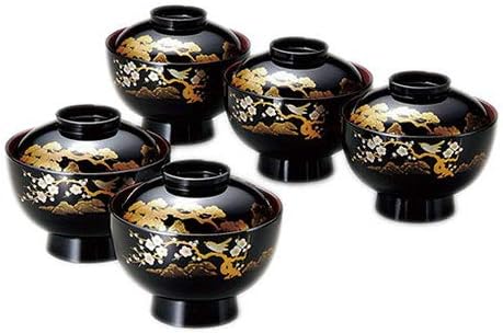 絵変わり 草花蒔絵 蓋付き椀 5客 吸い物椀 煮物椀 雑煮椀 骨董品 絵