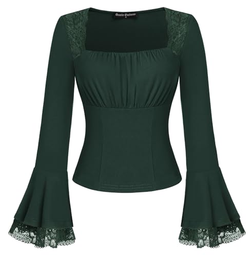 SCARLET DARKNESS Damen Blusen Mittelalter Cosplay Halloween Kostüm Langarm Christmas Y2K Dirndl Bluse Dunkelgrün XL