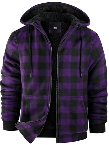ZITY Hoodies for Men Flannel Fleece Sweatshirt Plaid Full Zip Up Jacket Sherpa Lined Winter Warm Coat
