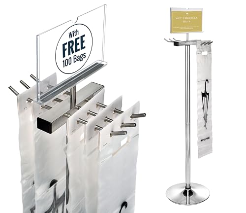 Alpine Wet Umbrella Bag Stand - Umbrella Bags Disposable with Stand, Wet Umbrella Bag Holder, Commercial Umbrella Holder with Free 100 Large Plastic Umbrella Bags Disposable (Stainless Steel)