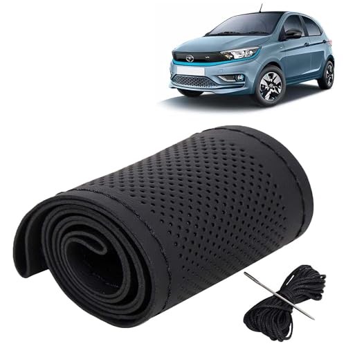 Image of KINGSWAY PU Leatherite Car Steering Cover Sewable Compatible with Tata Tiago EV (Year 2023 Onwards), Black Color with Black Thread, Pack of 1 with Sewing Needle and Thread