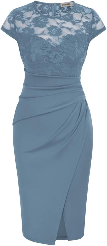 GRACE KARIN Women Vintage Lace Patchwork Dresses Cap Sleeve Dinner Dance Party Bodycon Wrapped Dress