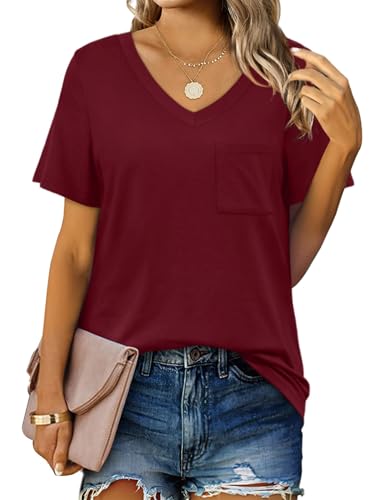 Suncife T-Shirt d'été décontracté à Manches Courtes et col en V avec Poche pour Femme, Bordeaux, XXL