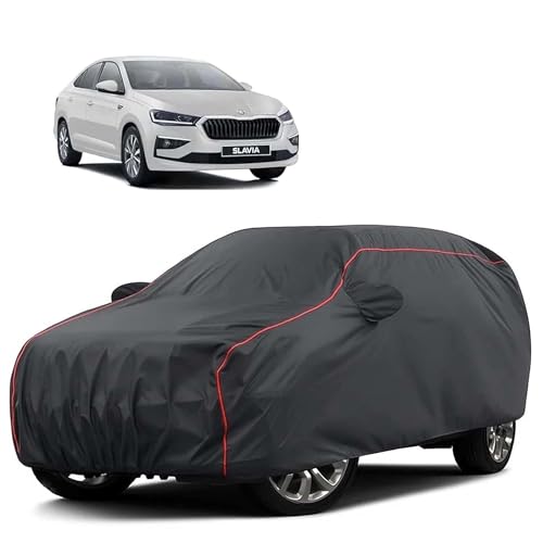 Image of Sulfar 100% Water Resistant Car Body Cover Compatible with Mirror for Skoda Slavia (Triple Stitched, Full Bottom Elastic, Dark Grey Tafetta with Red Piping)