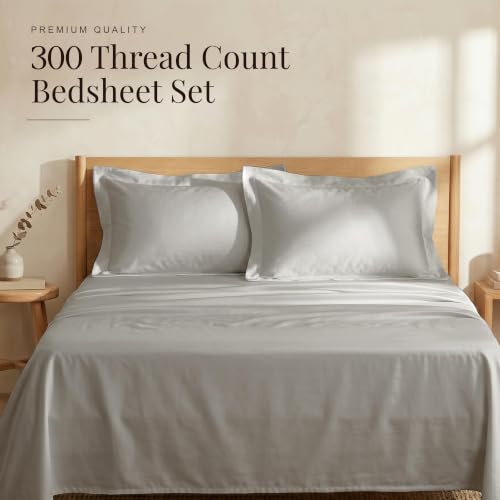 Image of Huesland Luxury 300 TC 100% Pure Cotton Luxe Soft Touch King Size Bed Sheet Cotton - Soft, Durable & Stylish | Glacier Grey | 108 x 108 inches