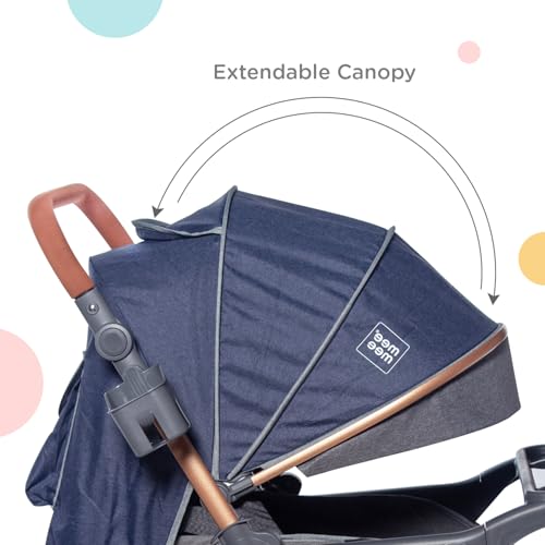 Image of Mee Mee Baby 2-in-1 Pram /Stroller Cum Rocker, with 3 Reclining Positions, Wheel Brakes, Reversible Handle, Water-Resistant Canopy, Spacious Storage Basket, and 5-Point Safety Harness (0-3 Yrs, Blue)