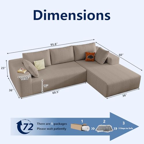 Image of 96 inch Modular Sectional Sofa, Modern Corduroy Cloud Couch with Deep Seat, Boneless Couch Upholstered 3-Seater L-Shaped Sofa for Living Room, No Assembly Required (Camel, Right-Facing Chaise)